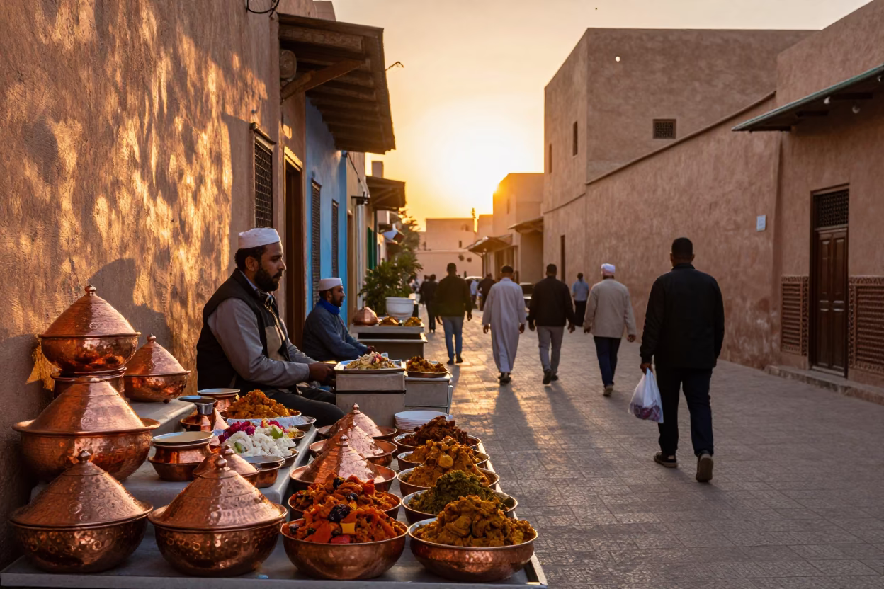 Busy Fez Morocco Sunset Street Scene with Copper Bowls and Local Life in in Fez, Morocco