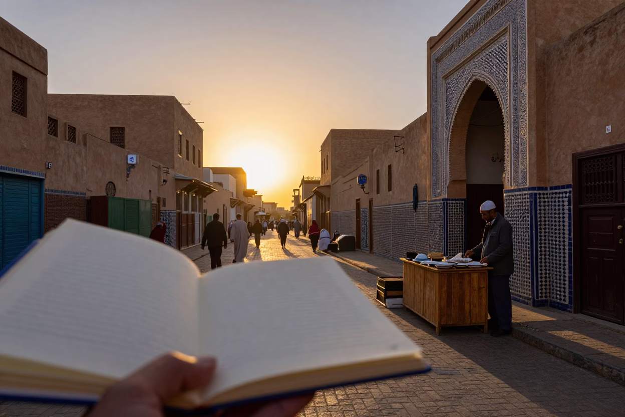 Busy Fez Morocco Sunset Street Scene with Notebook and Dish Towel in in Fez, Morocco