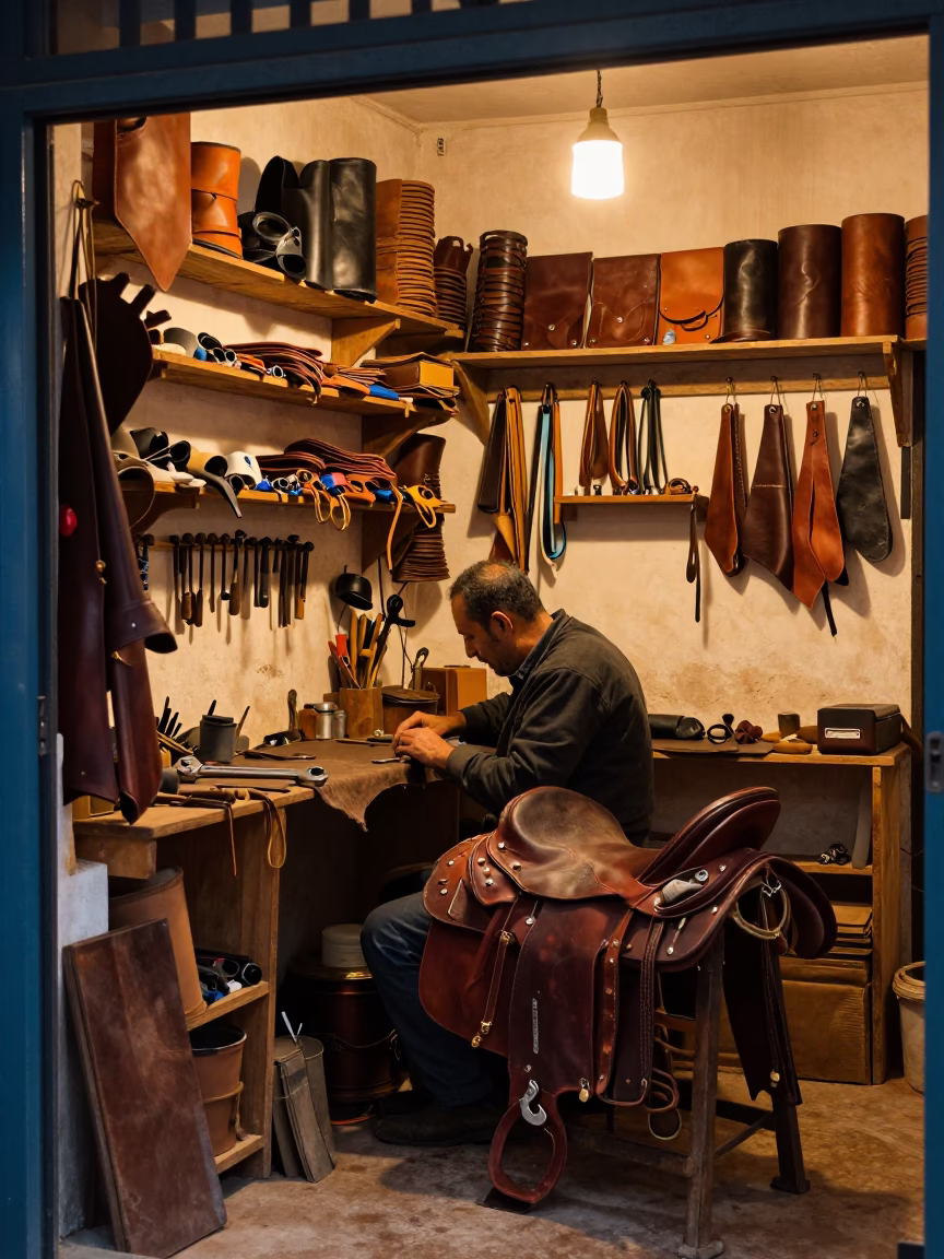Busy Fez Morocco Workshop Interior with Wooden Tools and Evening Light in in Fez, Morocco