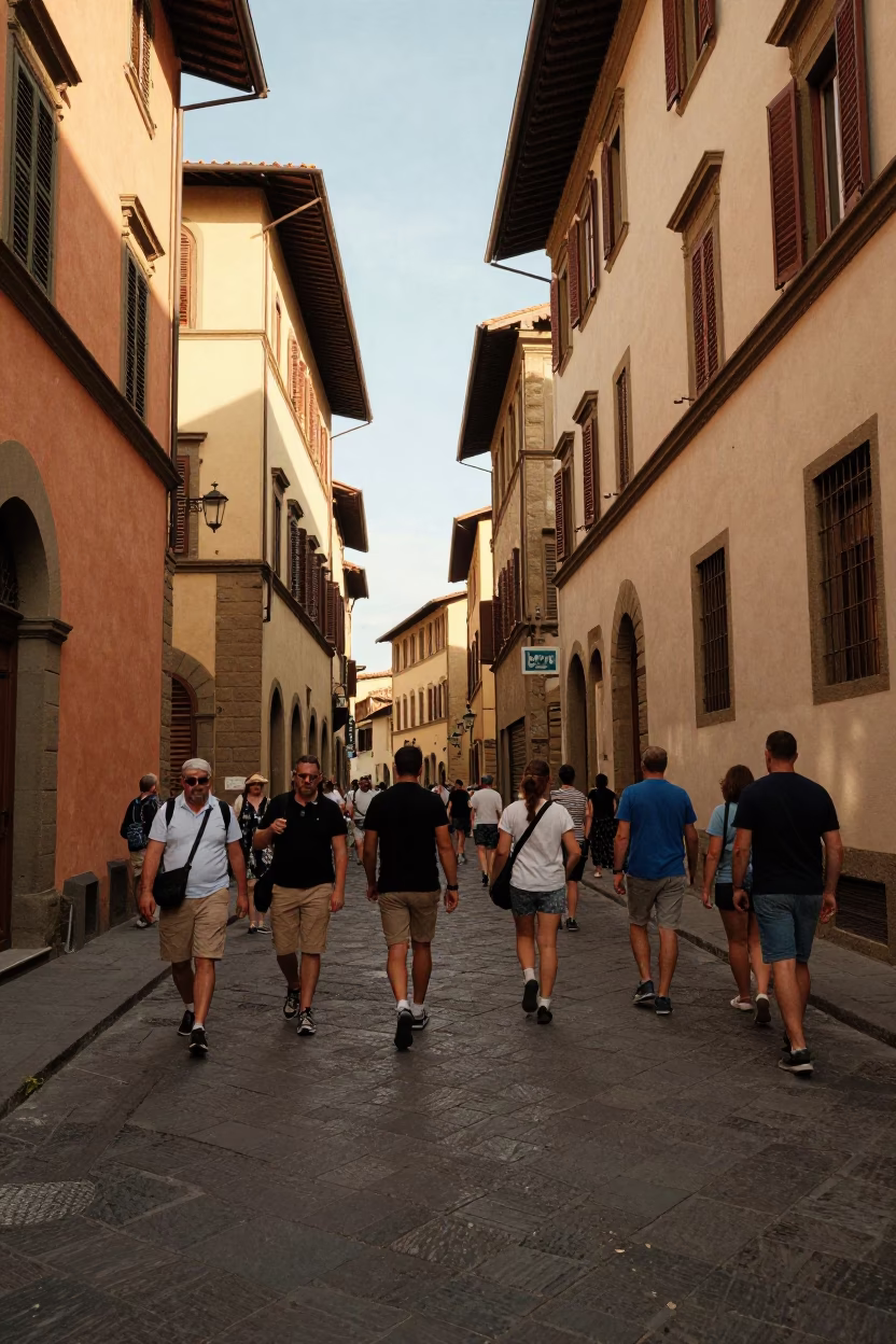 Busy Florence Afternoon Street Scene with Tourists and Local Architecture in in Florence, Italy
