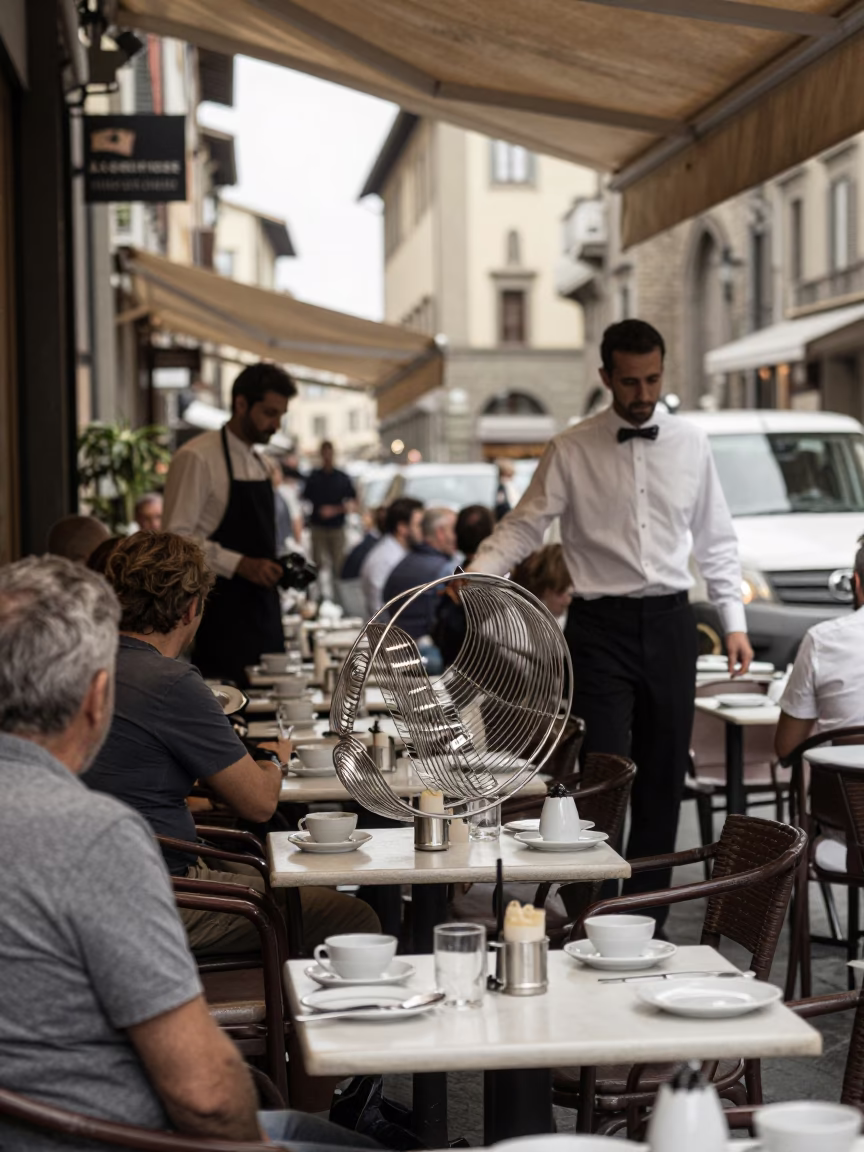 Busy Florence Italy midday street scene with saucers and dish rack in in Florence, Italy