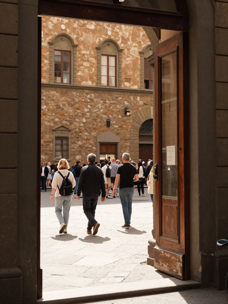 Busy Florence Italy Noon Street Scene with Doorframe and Vintage Details in in Florence, Italy