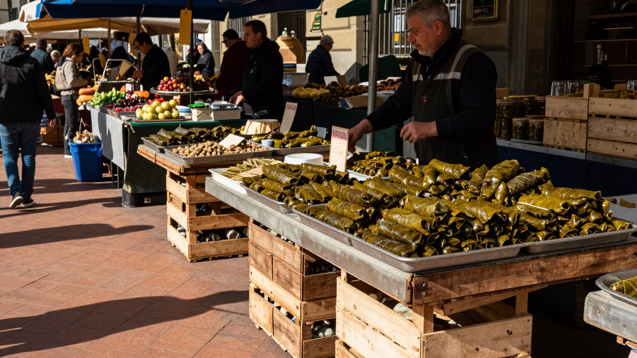 Busy Florence Market Stall at Midday with Grape Leaves and Dates in in Florence, Italy