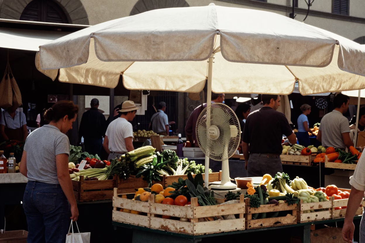 Busy Florence Market Stall with Sun Bleached Canvas Umbrella Stand in in Florence, Italy