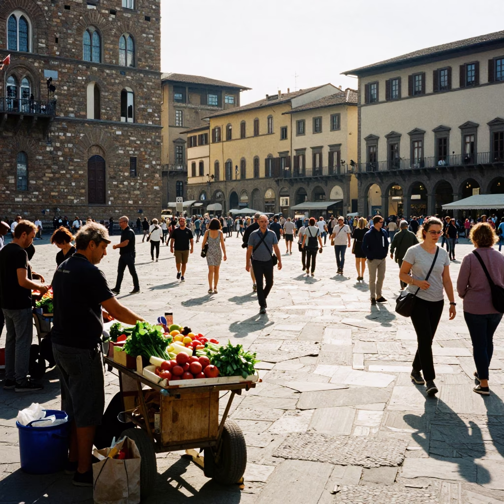 Busy Florence Piazza Street Scene with Tourists and Local Life in Early Afternoon Light in in Florence, Italy