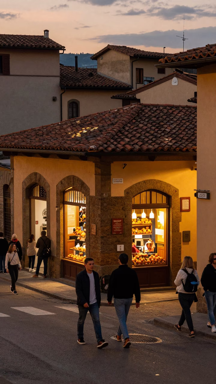 Busy Florence Street Corner at Dusk with Apricots and Folding Chair Outside Cafe in in Florence, Italy