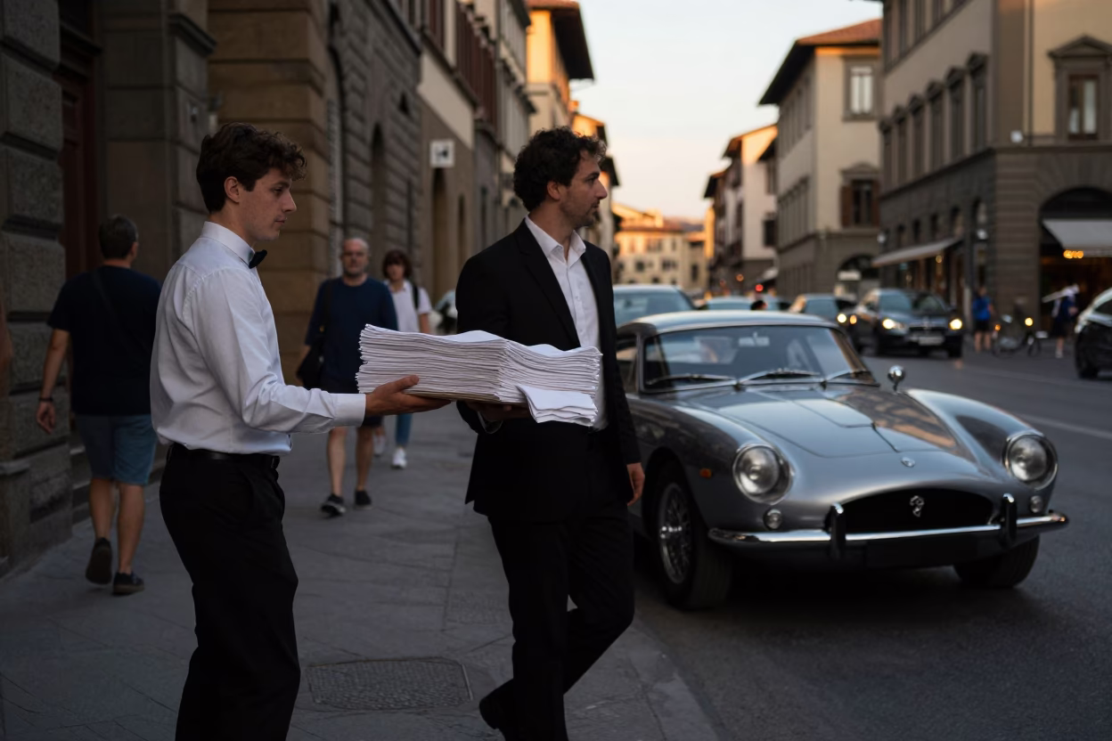 Busy Florence Street Corner Late Afternoon with Linen Napkin and Vintage Car in in Florence, Italy