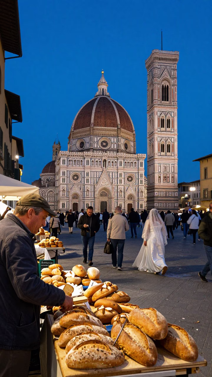 Busy Florence Street Scene at Blue Hour with Bread and Traditional Wedding Procession in in Florence, Italy