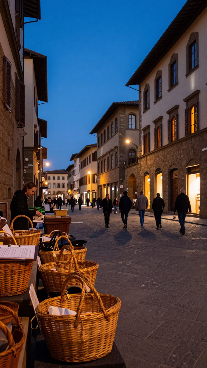 Busy Florence Street Scene at Blue Hour with Woven Baskets and Clipboard in in Florence, Italy