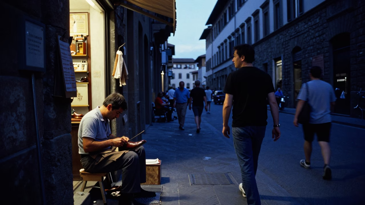 Busy Florence Street Scene at Indigo Twilight with Cobbler and Local Details in in Florence, Italy