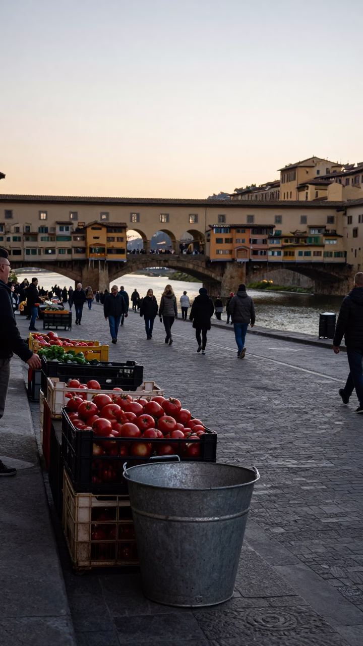 Busy Florence Street Scene at Nautical Dawn with Metal Bucket and Local Interaction in in Florence, Italy