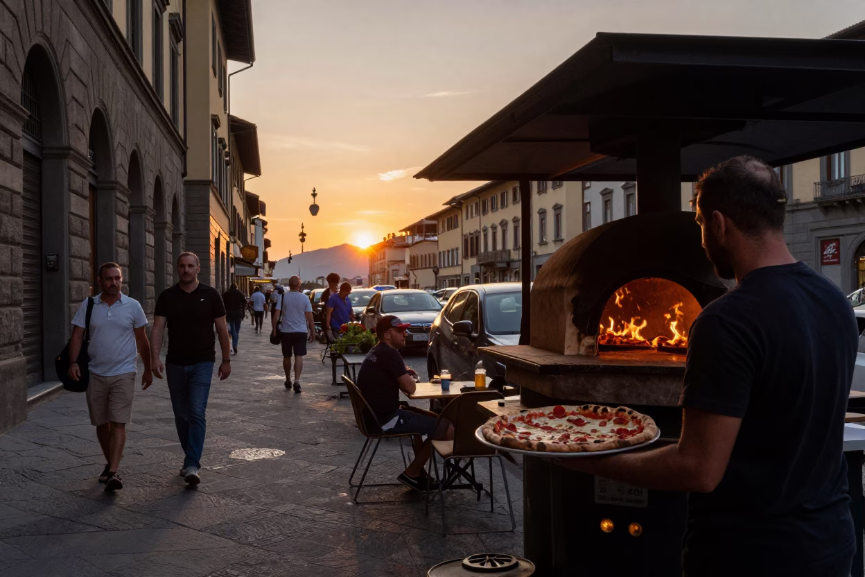 Busy Florence Street Scene at Sunset with Pizza Vendor and Vine in in Florence, Italy