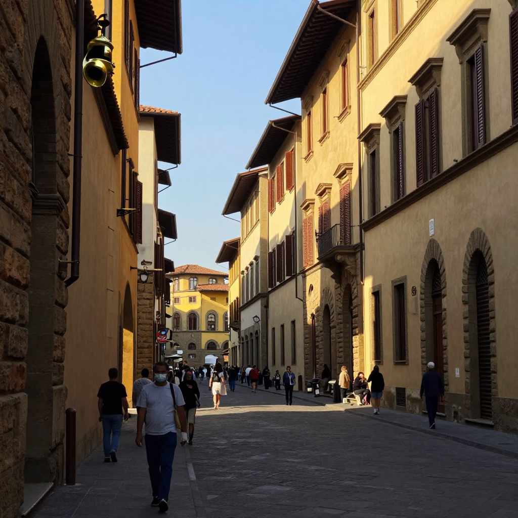 Busy Florence Street Scene Early Afternoon with Brass Details and Local Life in in Florence, Italy
