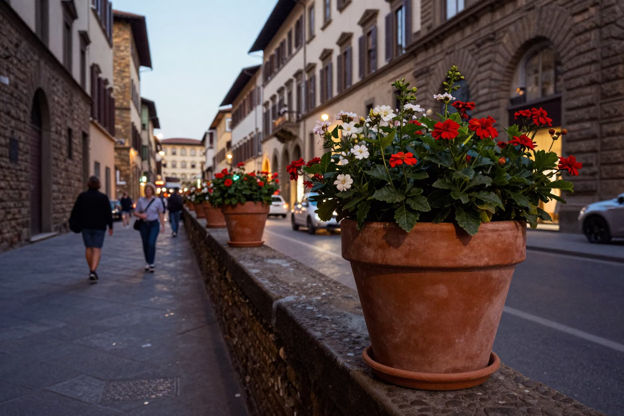 Busy Florence Street Scene Early Evening with Flowerpot and Cat Near Historic Architecture in in Florence, Italy