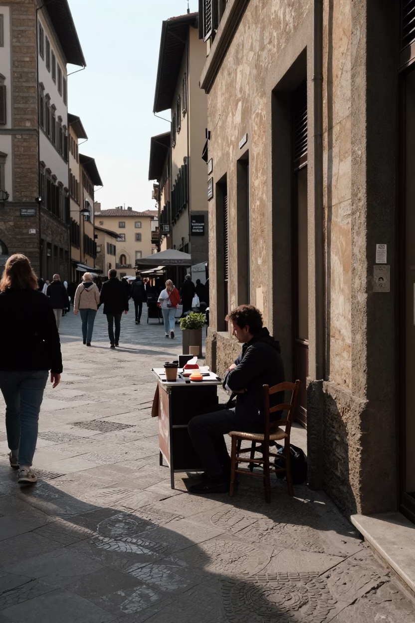 Busy Florence Street Scene Late Morning with Wooden Chair and Herb Basket in in Florence, Italy