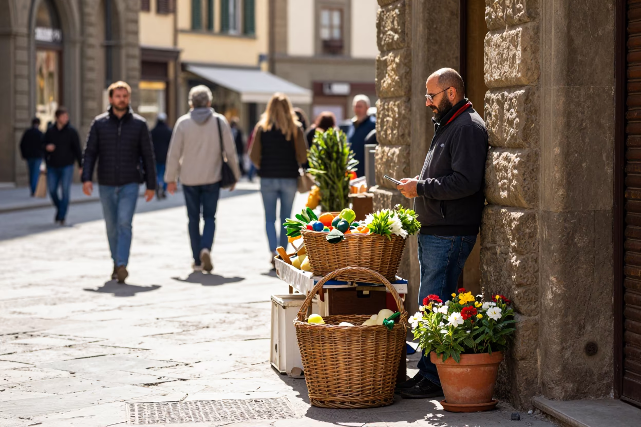 Busy Florence Street Scene with Wicker Basket and Flowerpot in Midmorning Light in in Florence, Italy