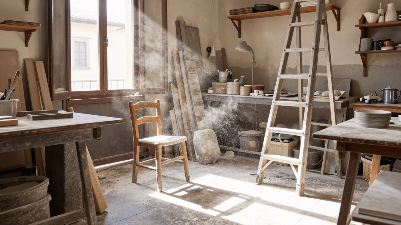 Busy Florence Workshop Interior with Flour Dust and Ladder Back Chair in in Florence, Italy