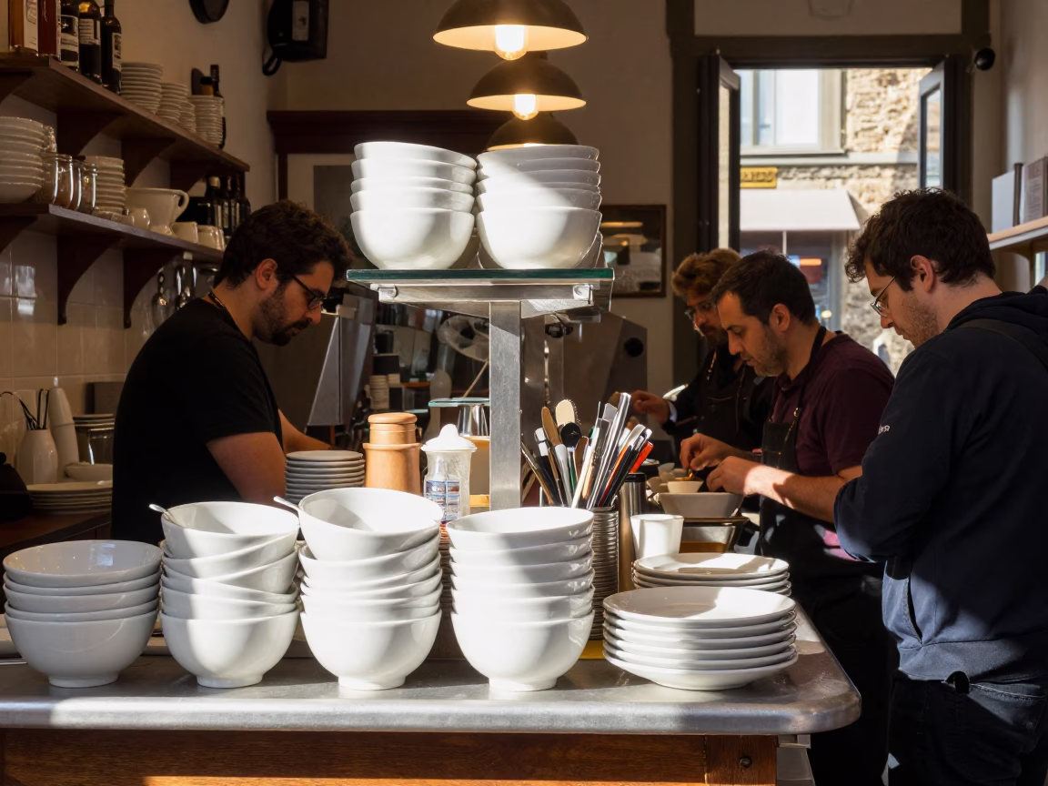 Busy Florentine Cafe Counter with Ceramic Bowls and Condiments in Midday Sunlight in in Florence, Italy