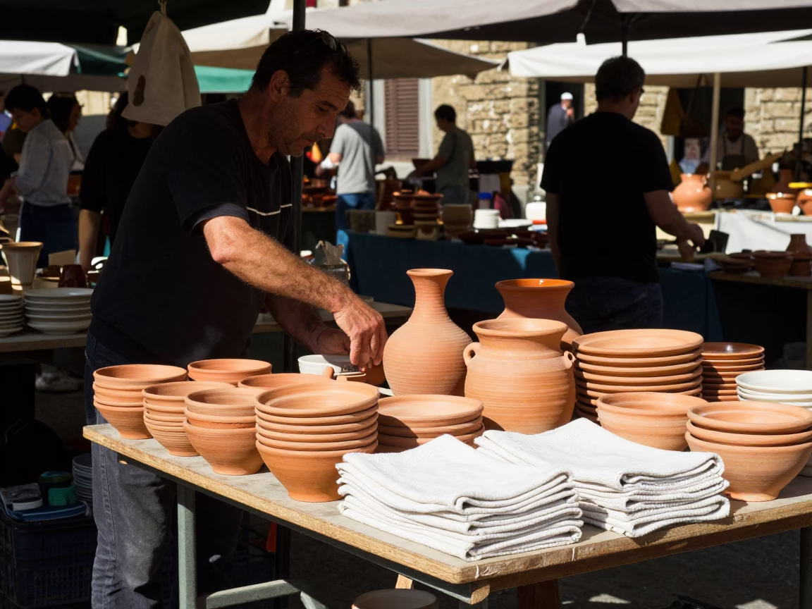 Busy Florentine Market Stall with Ceramic Bowls and Linen Towels in Midday Sun in in Florence, Italy