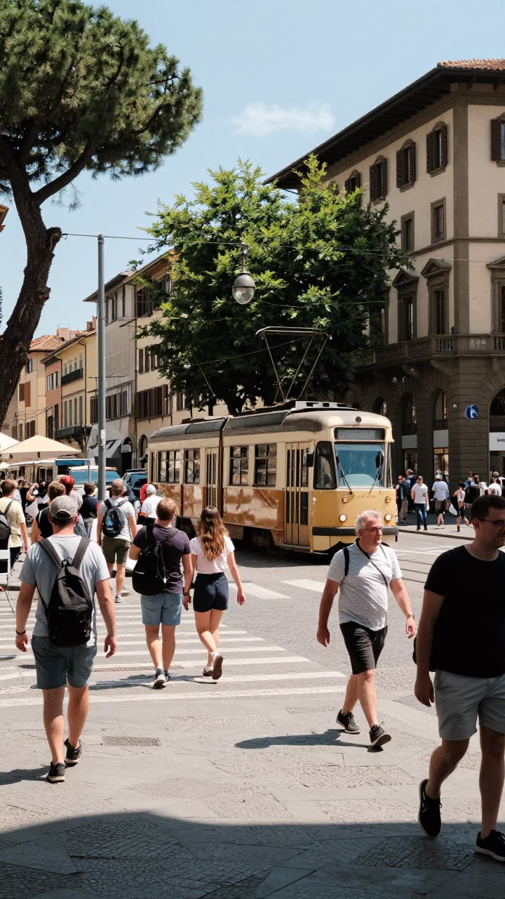 Busy Florentine Street Corner at Midday with Tram and Sunlight in in Florence, Italy