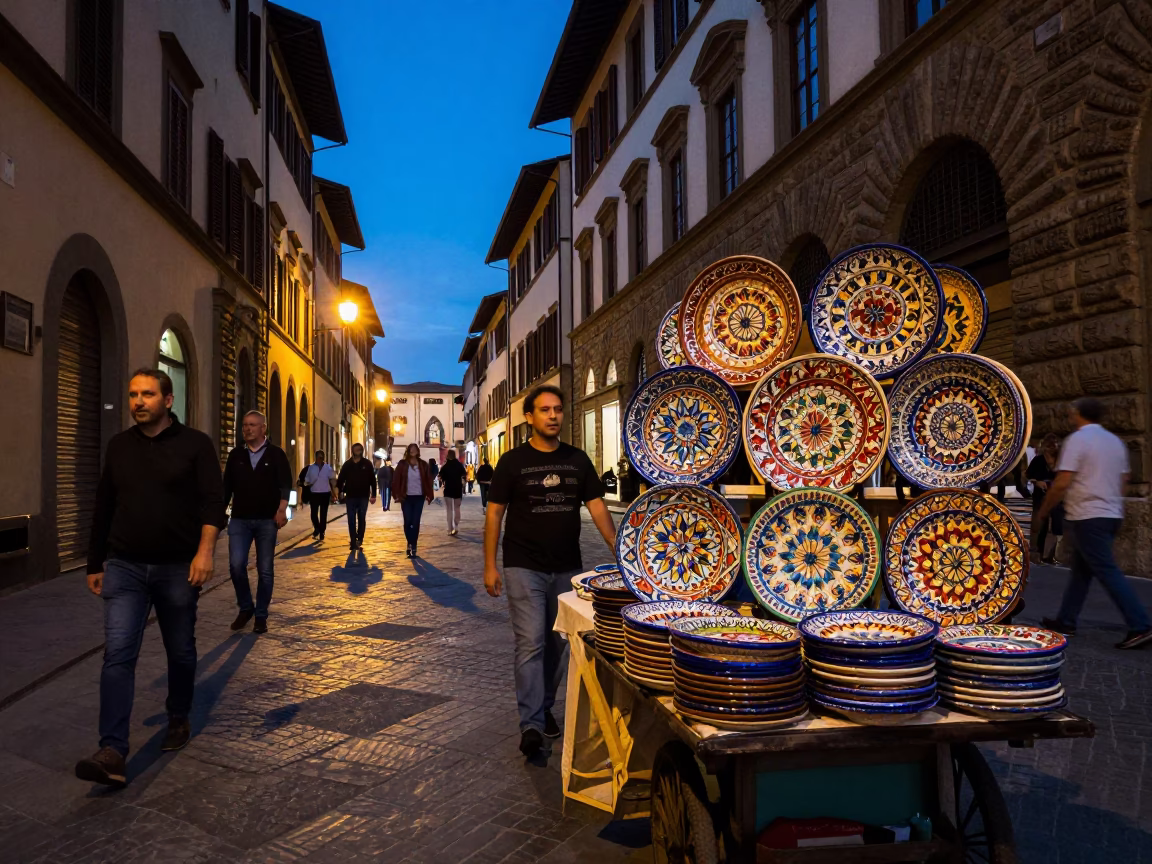 Busy Florentine street scene at blue hour with majolica plates and historic architecture in in Florence, Italy