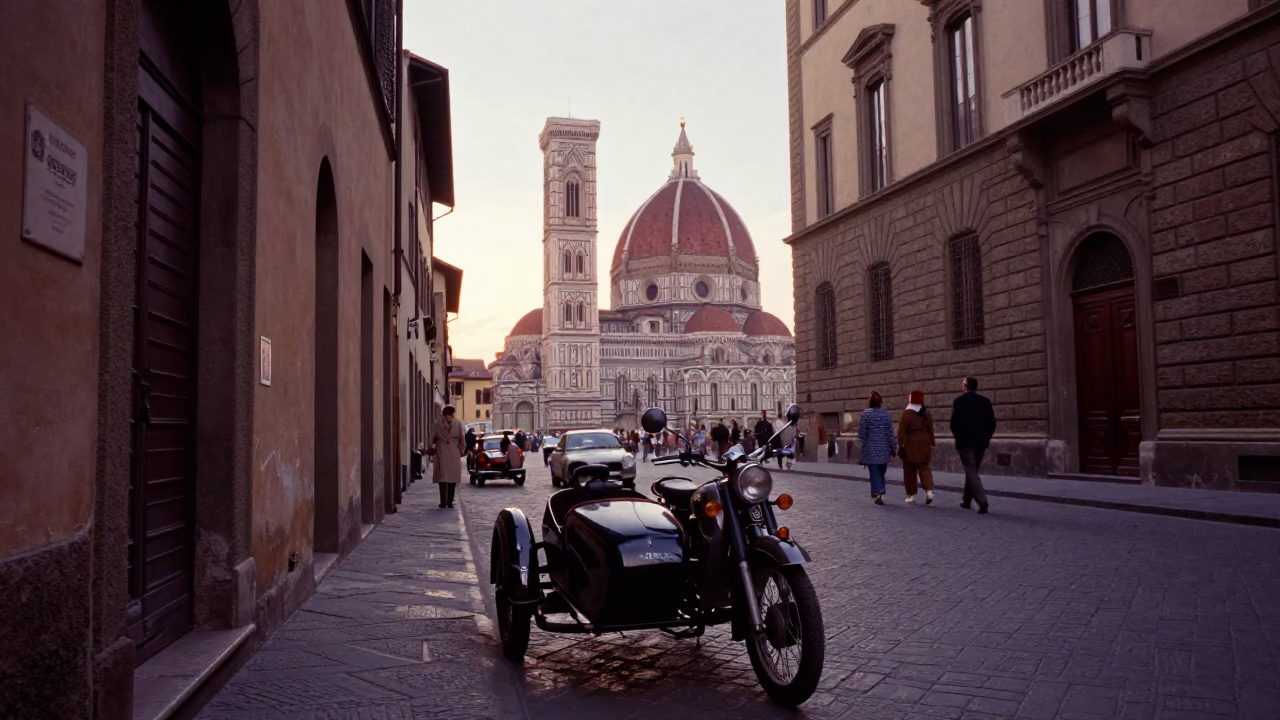 Busy Florentine Street Scene at Nautical Dawn with Vintage Motorcycle and Sidecar in in Florence, Italy