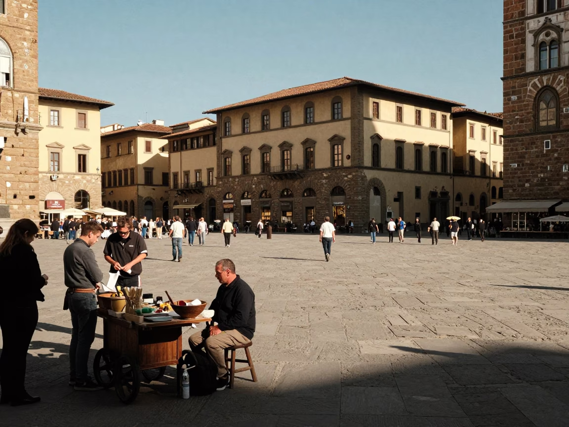 Busy Florentine Street Scene Early Afternoon with Bowl and Lantern in in Florence, Italy