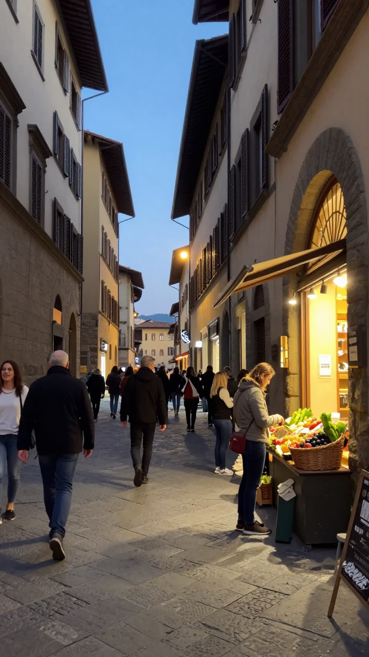 Busy Florentine Street Scene Early Evening with Local Shop Displays and Pedestrians in in Florence, Italy