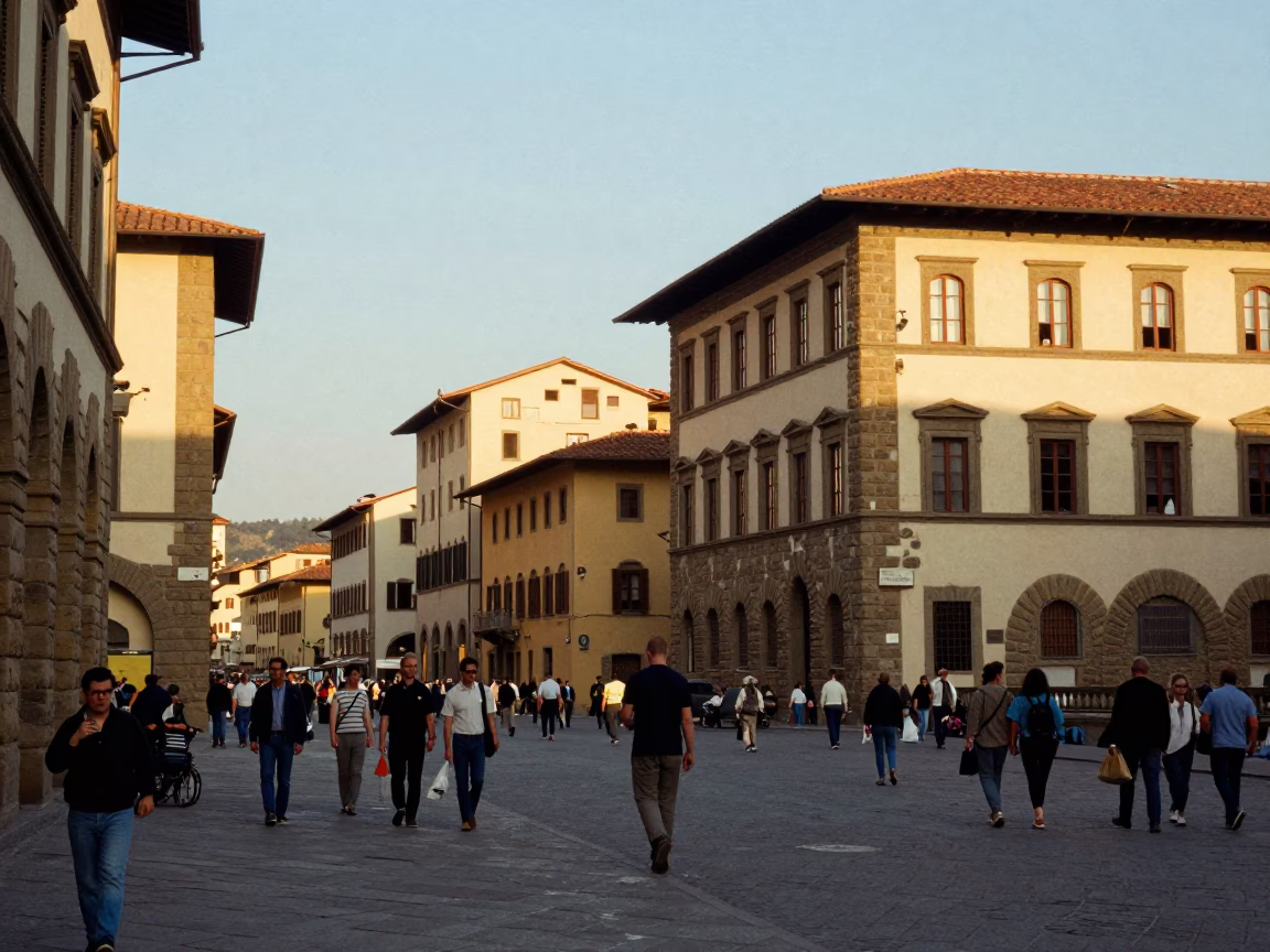 Busy Florentine Street Scene in Late Afternoon Light with Vintage 1960s Details in in Florence, Italy
