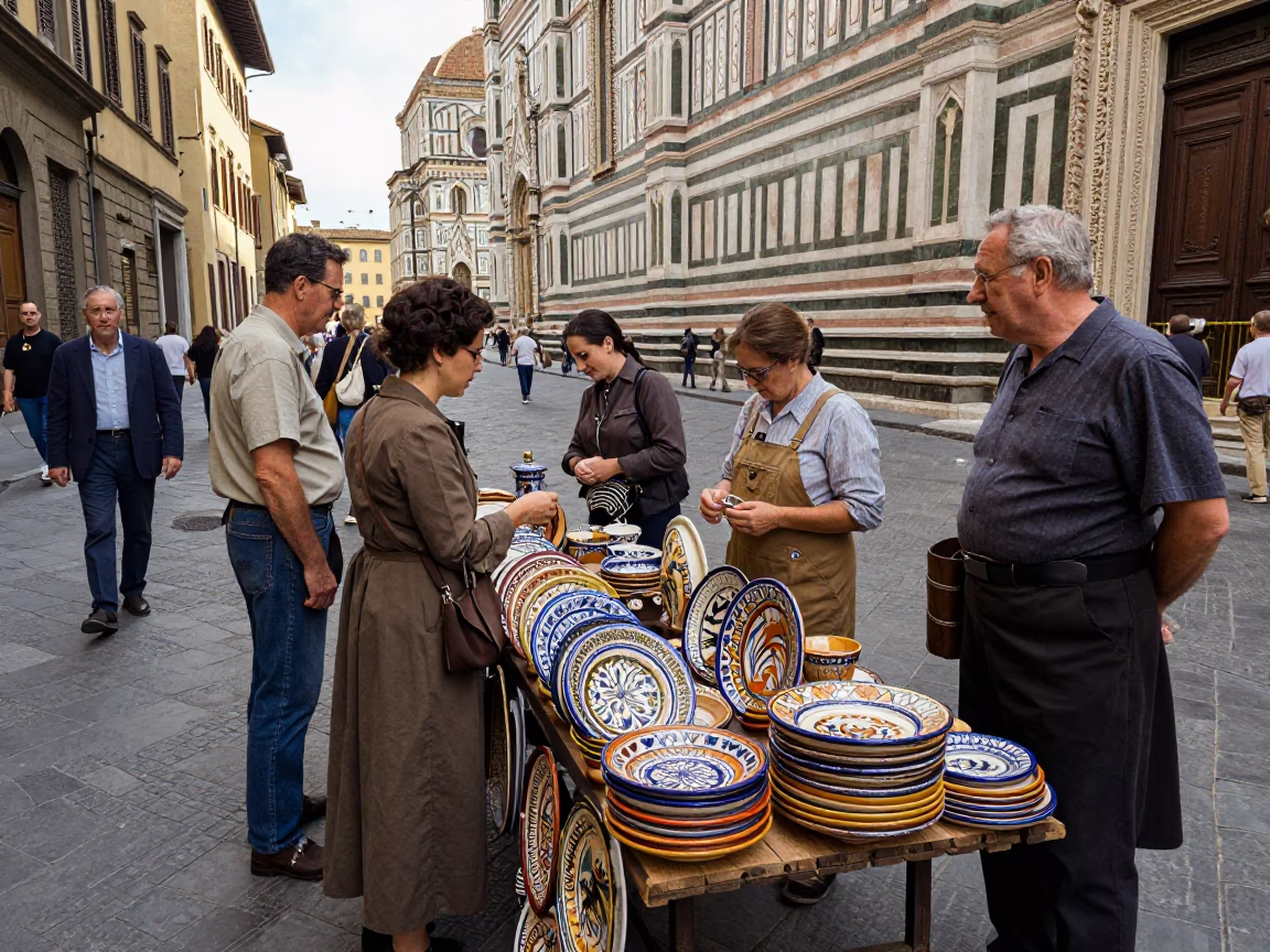 Busy Florentine Street Scene with Ceramic Plates and Vintage 1950s Atmosphere in in Florence, Italy