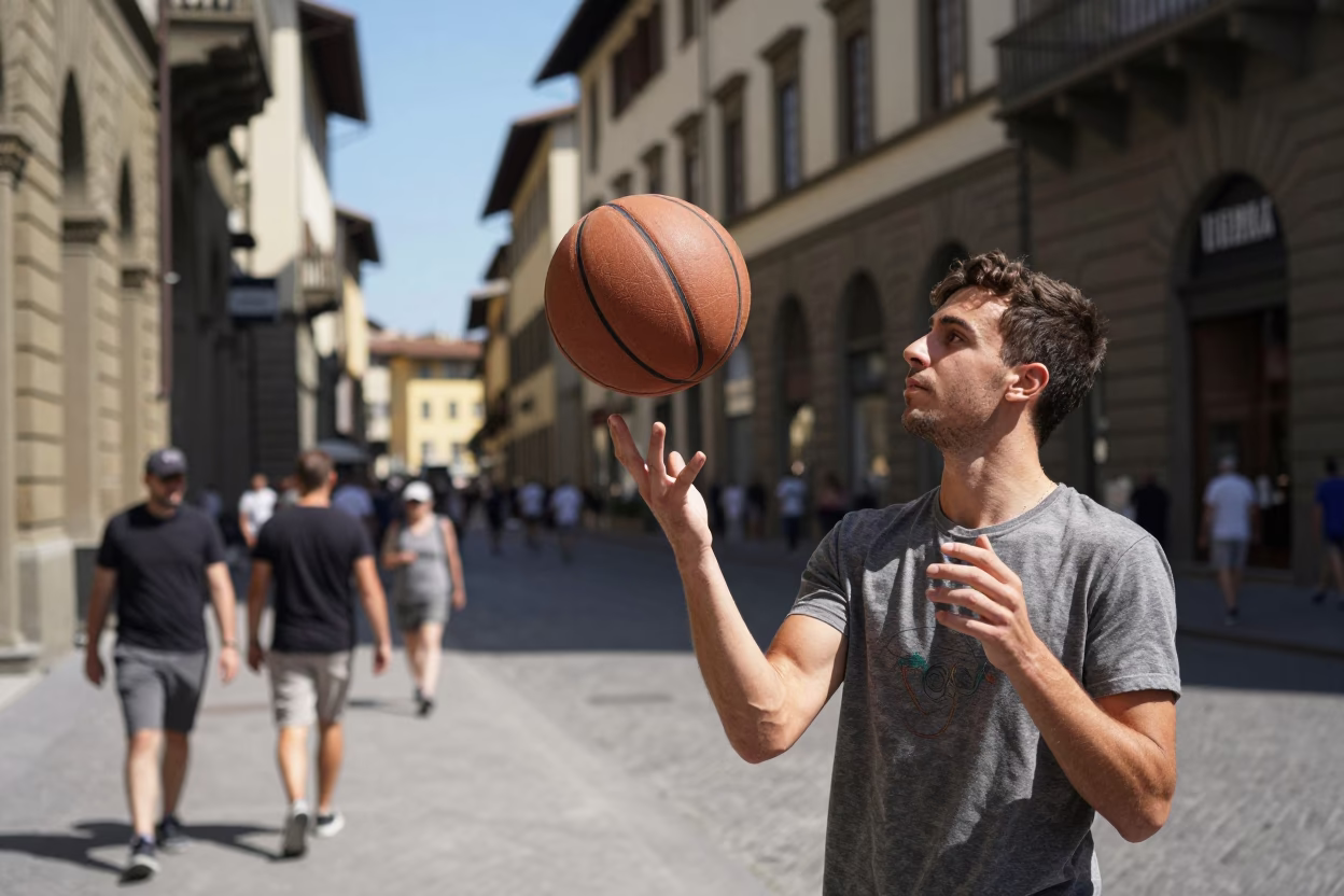 Busy Florentine Street Scene with Leather Basketball and Crate Under Noon Sun in in Florence, Italy