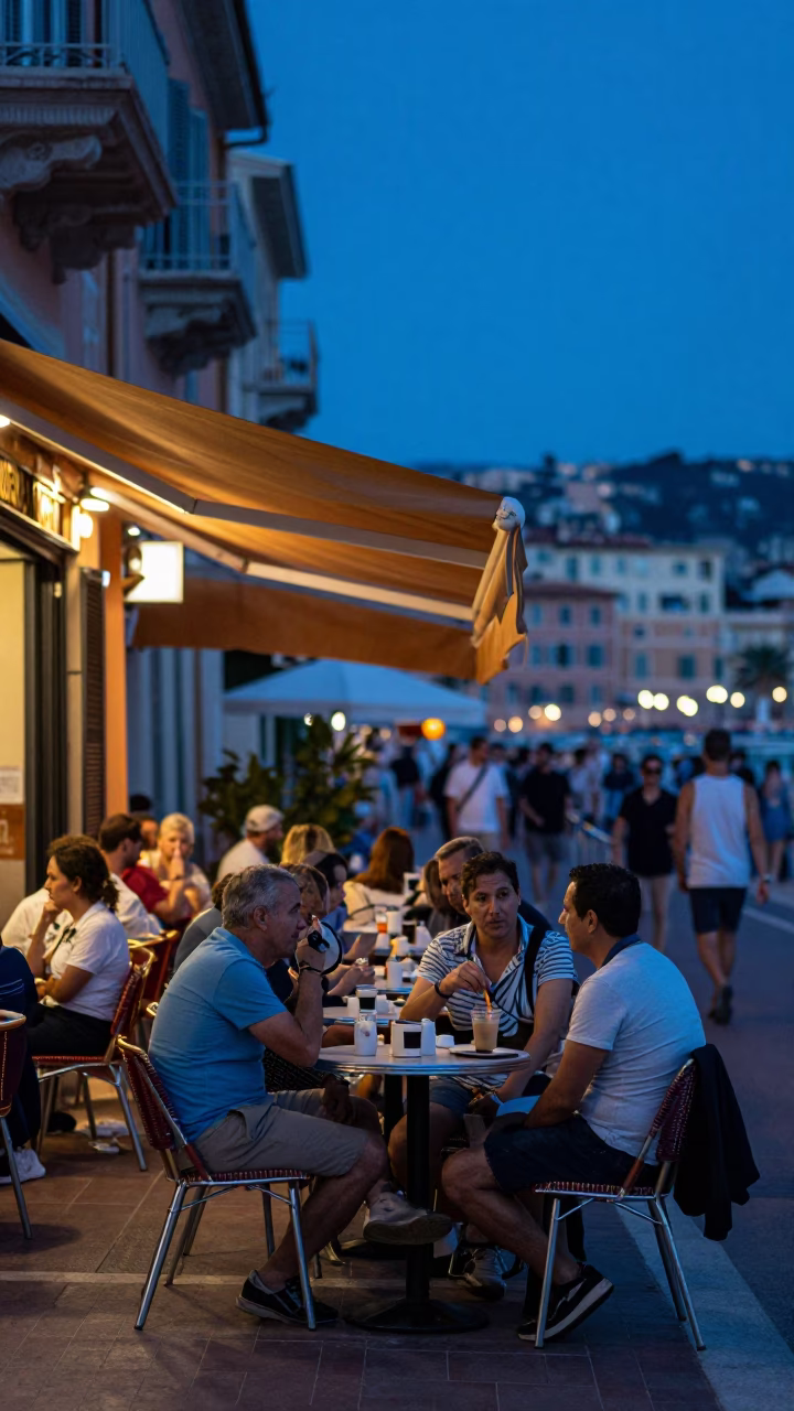 Busy French Riviera Street Scene in Nice France During Blue Hour Evening Light in in Nice, France