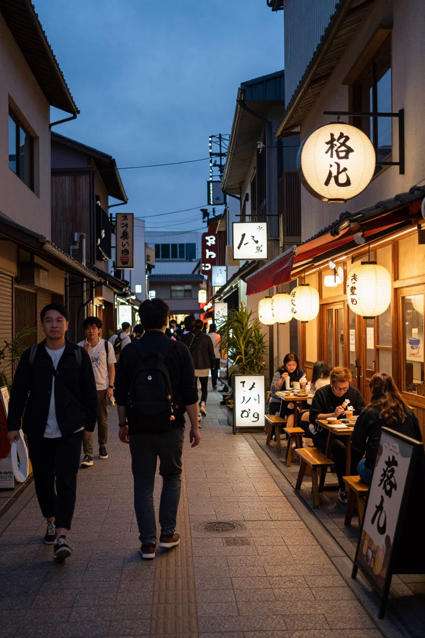 Busy Fukuoka Japan Evening Street Scene with Local Diners and Urban Atmosphere in in Fukuoka, Japan