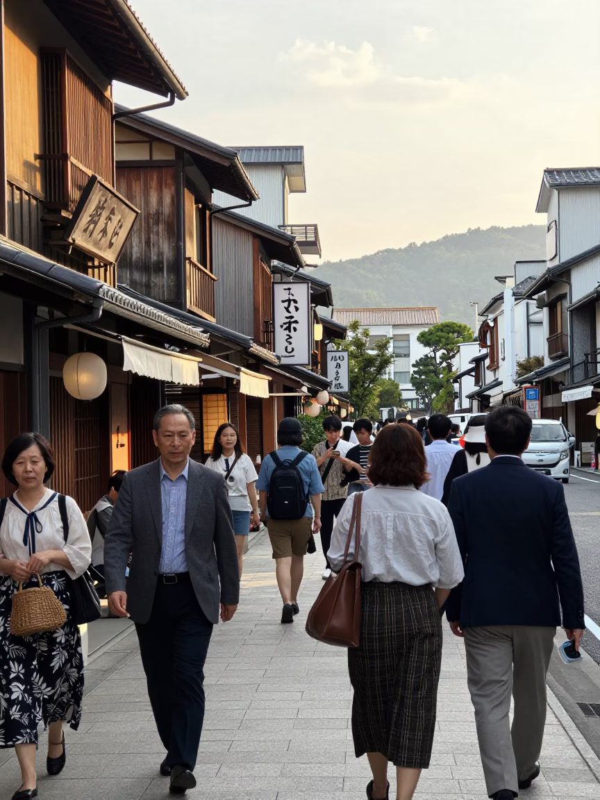 Busy Fukuoka Japan Late Morning Street Scene with Vintage 1950s Atmosphere in in Fukuoka, Japan