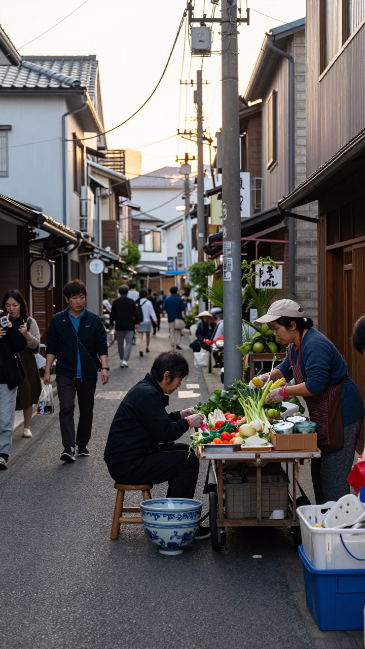 Busy Fukuoka Japan Morning Street Scene with Ceramic Bowl and Coffee Tin in in Fukuoka, Japan