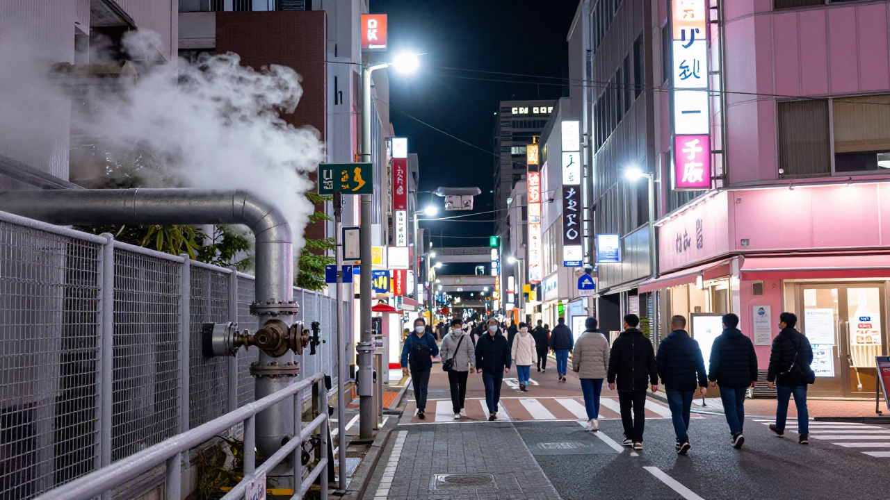 Busy Fukuoka Japan Night Street Scene with Steam Pipes and Neon Lights in in Fukuoka, Japan