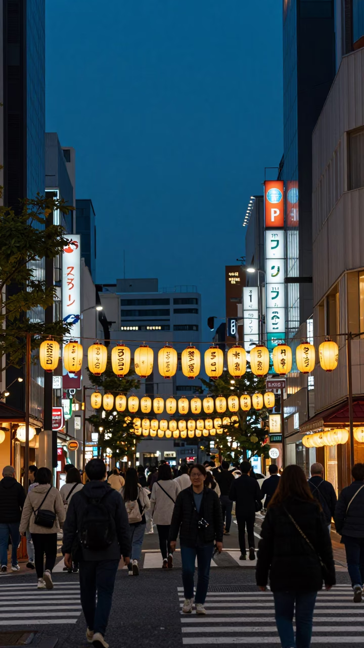 Busy Fukuoka Japan Street Scene at Dusk with Neon Lights and Traditional Lanterns in in Fukuoka, Japan