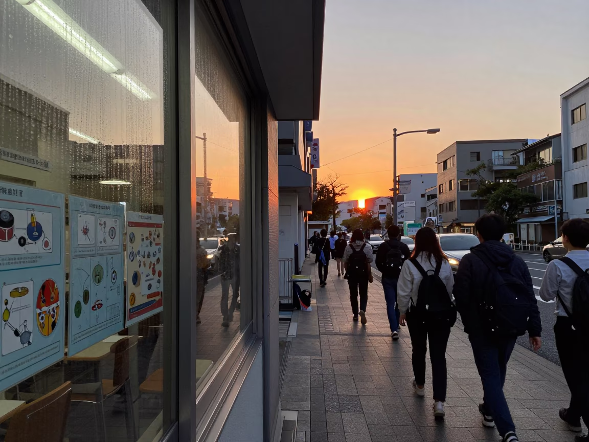 Busy Fukuoka Japan Street Scene at Sunset with Classroom Window and Science Posters in in Fukuoka, Japan