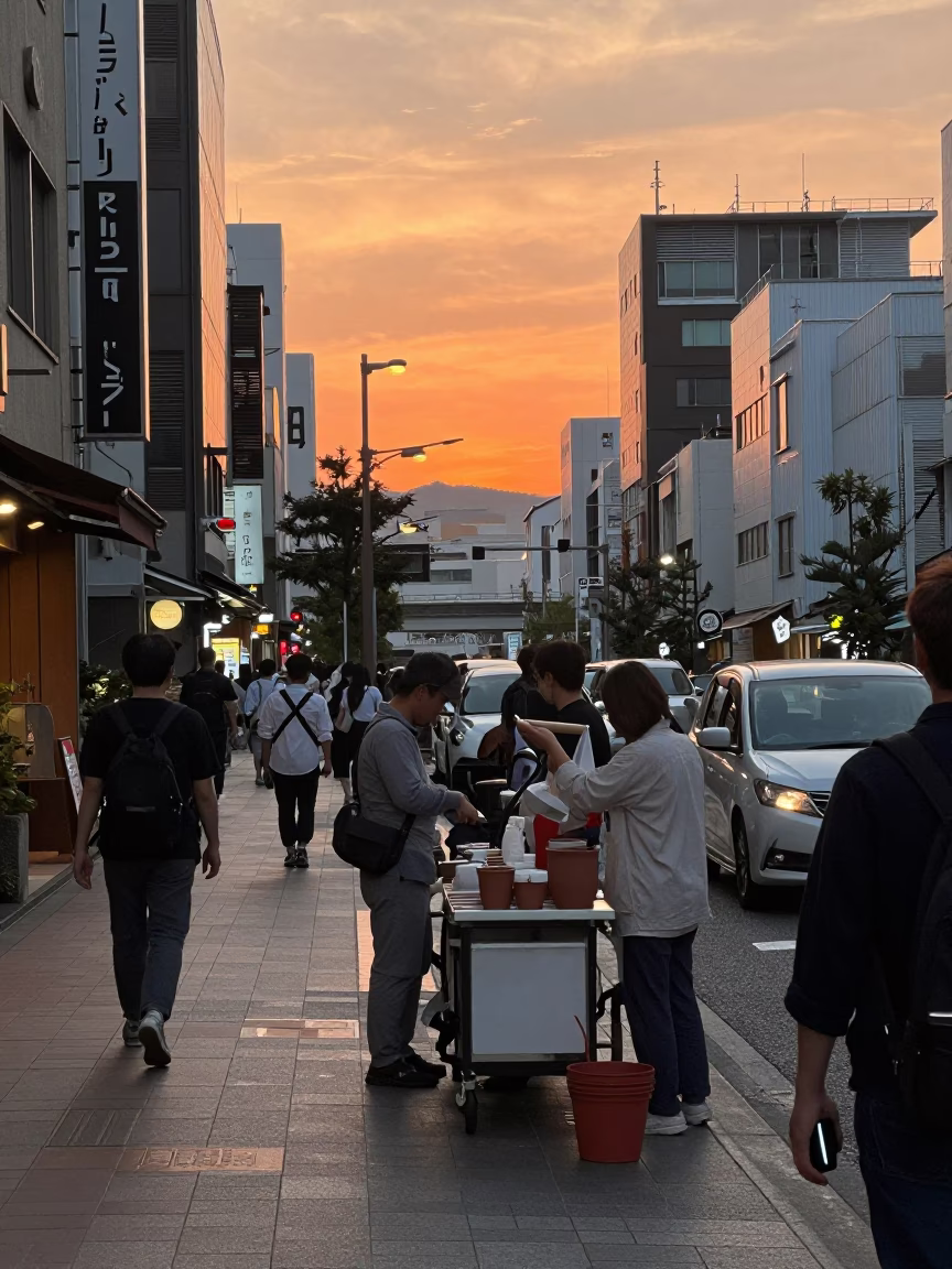 Busy Fukuoka Japan street scene at sunset with clay cup of masala chai steaming in in Fukuoka, Japan