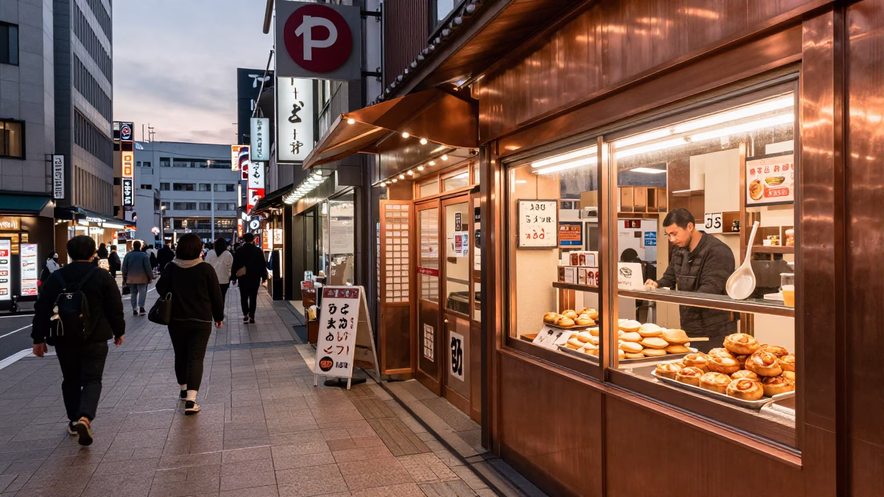 Busy Fukuoka Japan Street Scene Before Dusk with Shop Displays and Pedestrians in in Fukuoka, Japan