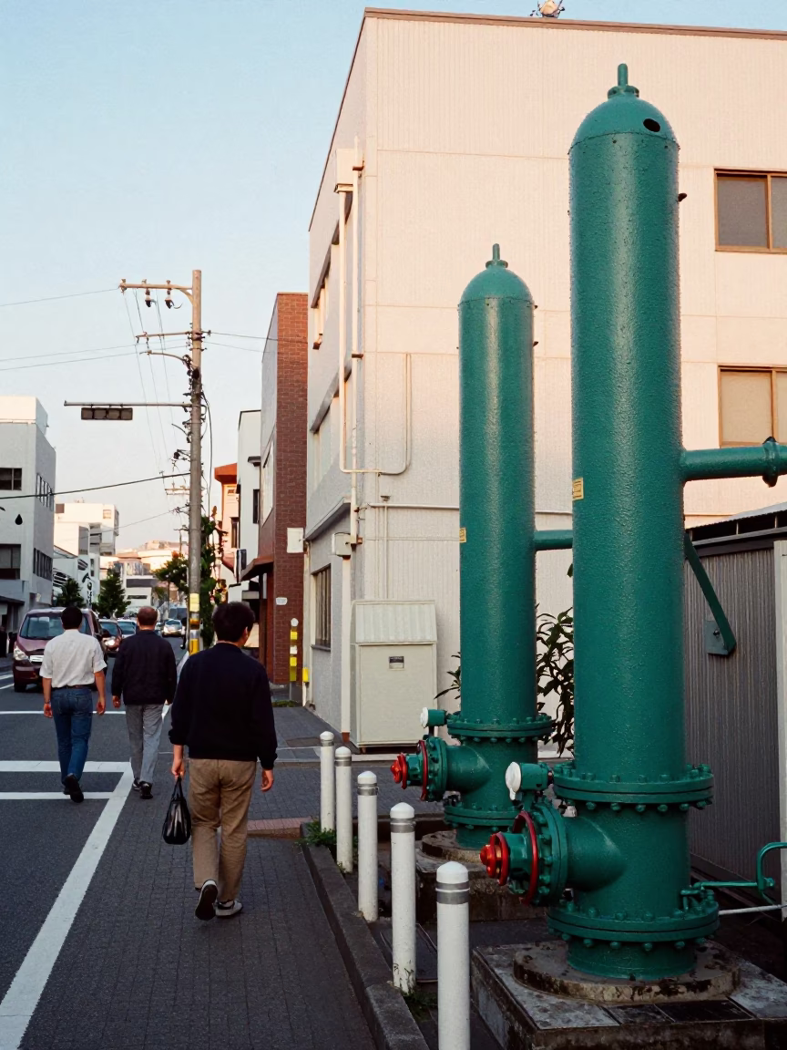 Busy Fukuoka Japan Street Scene Early Afternoon with Sewage Pumping Station in in Fukuoka, Japan