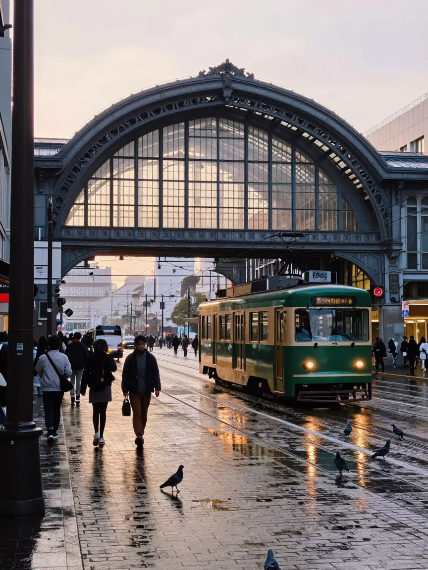 Busy Fukuoka Japan Street Scene Just After Sunrise with Trams and Pigeons in in Fukuoka, Japan
