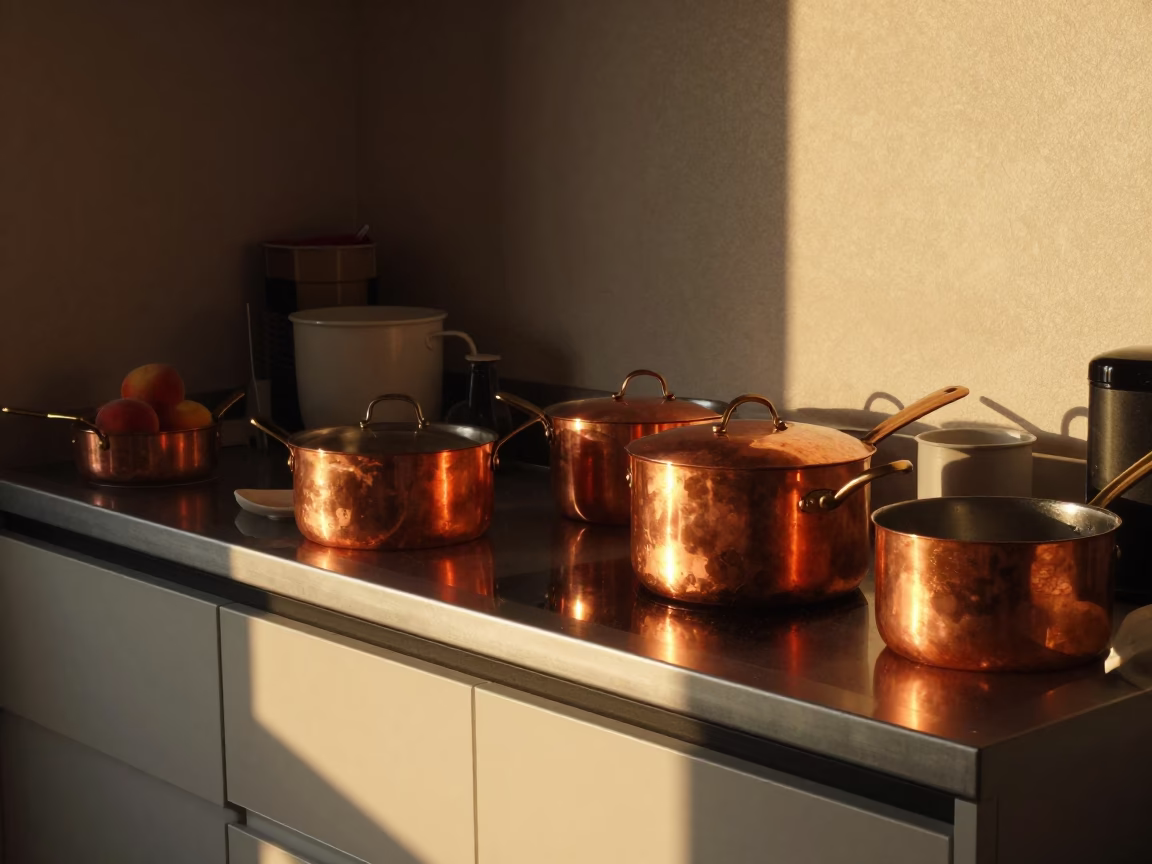 Busy Fukuoka Kitchen Counter with Copper Pots and Peaches in Dusk Light in in Fukuoka, Japan