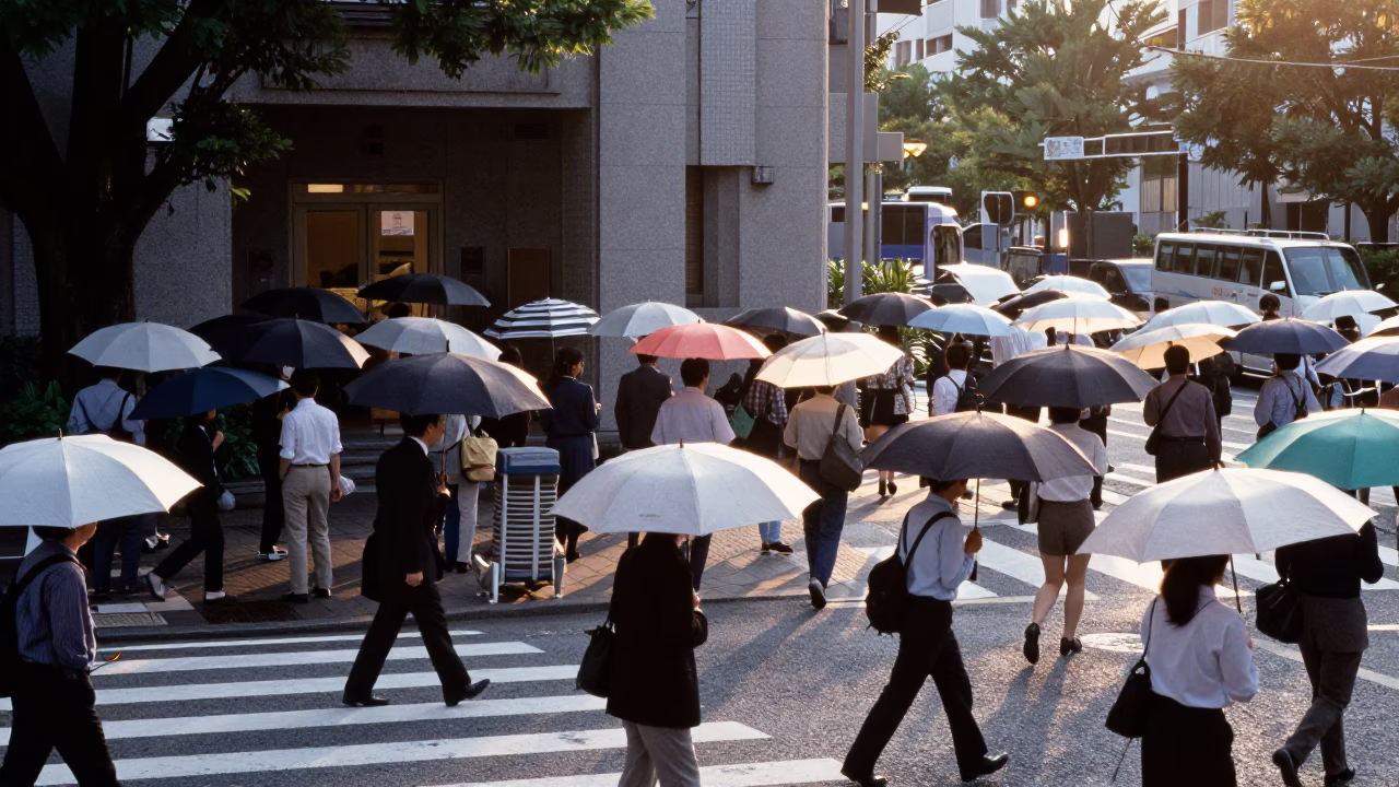 Busy Fukuoka Street Corner at Dawn with Umbrellas and Morning Commuters in in Fukuoka, Japan