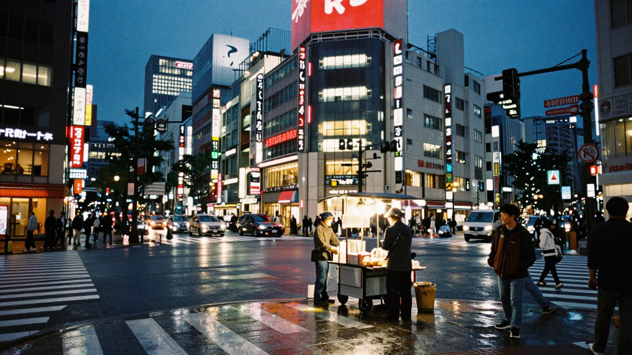 Busy Fukuoka Street Corner at Dusk with Neon Lights and Urban Life in in Fukuoka, Japan