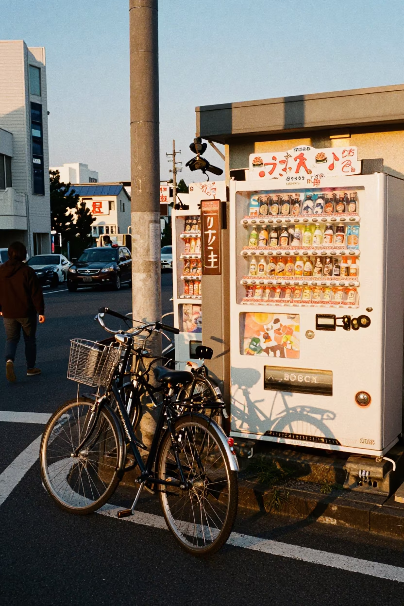 Busy Fukuoka street corner at dusk with vending machines and bicycle traffic in in Fukuoka, Japan