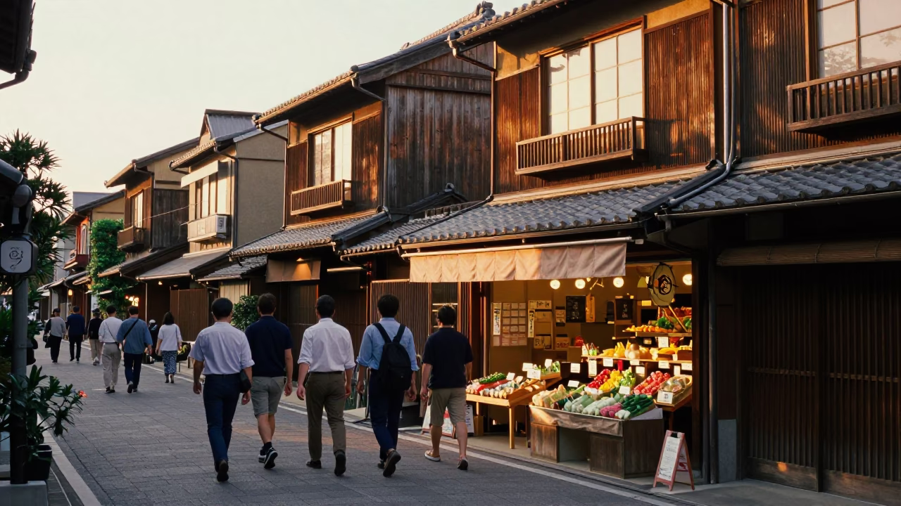 Busy Fukuoka street corner at sunset with traditional Japanese shop signs and local pedestrians in in Fukuoka, Japan