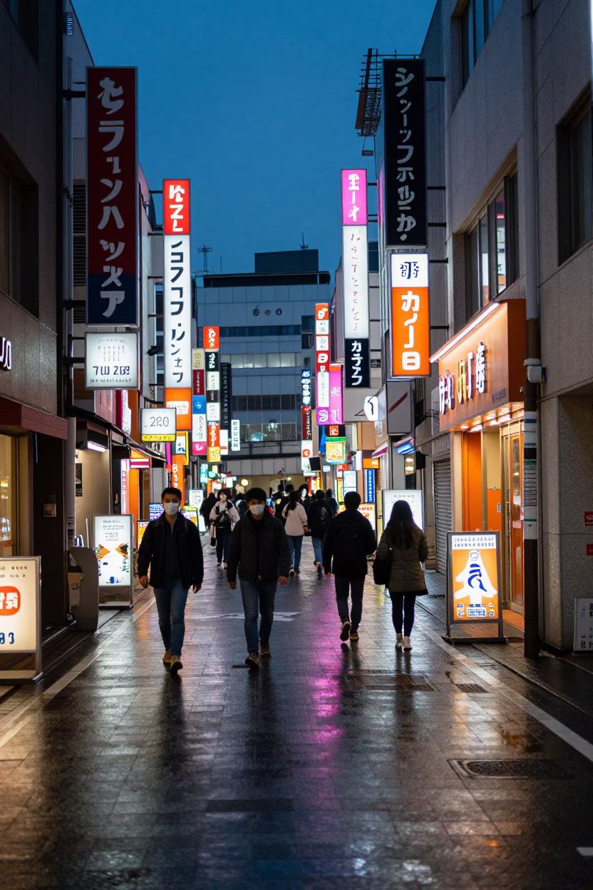 Busy Fukuoka Street Corner at Twilight with Neon Signs and Pedestrians in in Fukuoka, Japan