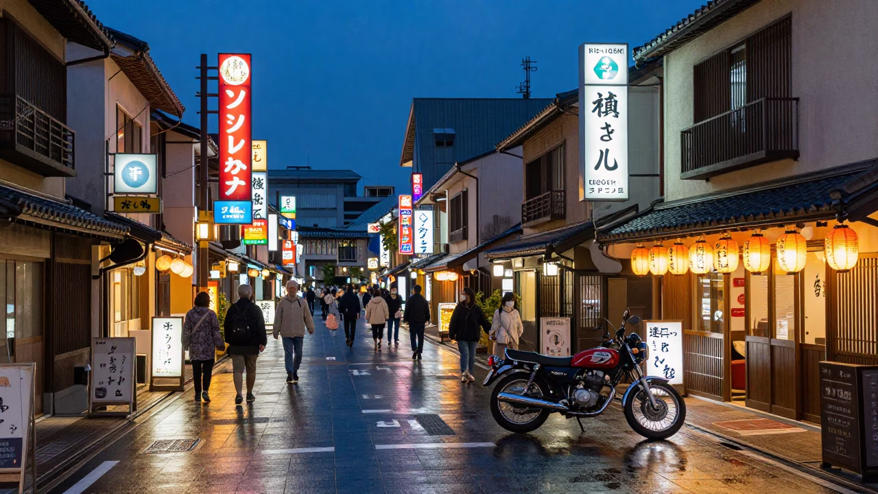 Busy Fukuoka Street Corner at Twilight with Traditional Teahouse and Motorcycle in in Fukuoka, Japan
