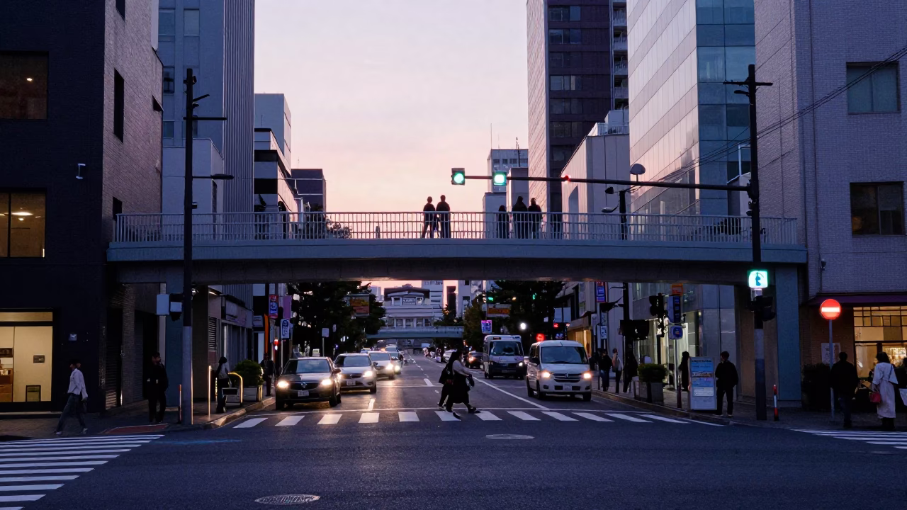 Busy Fukuoka Street Corner Before Sunrise with Pedestrian Overpass and Wet Footsteps in in Fukuoka, Japan